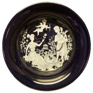 Vtg Italian Dessert Dish Florentine Gold Trim Cobalt Blue Cupid Valentine's Day